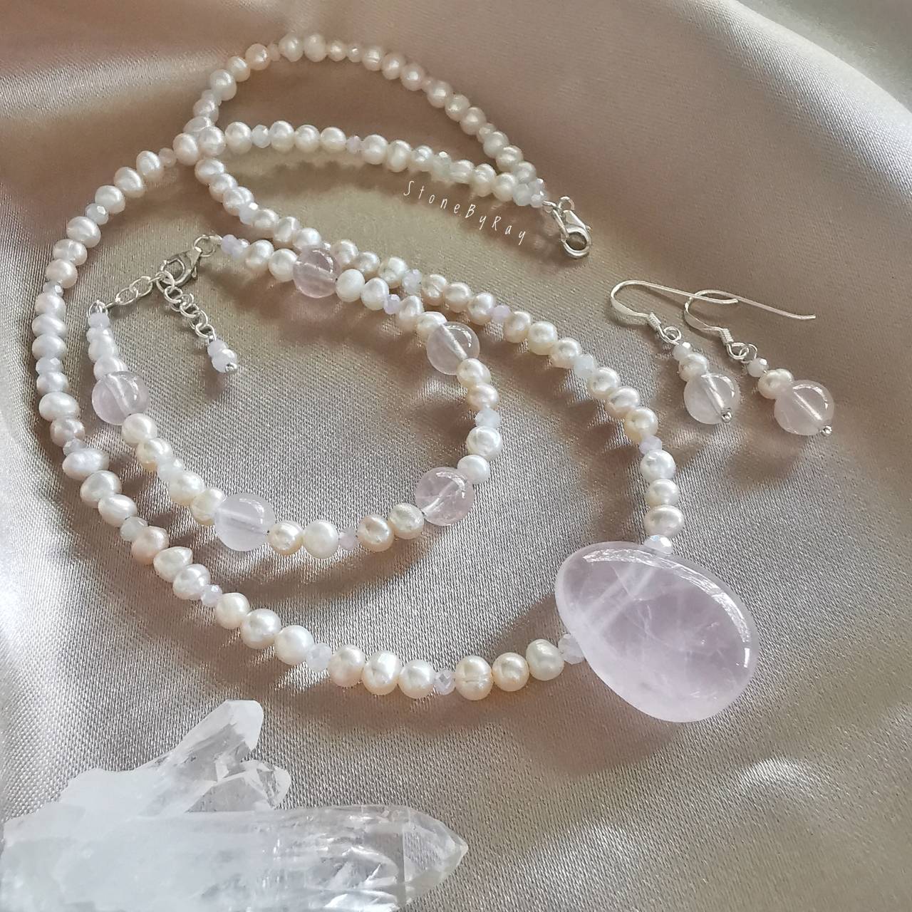 Setสร้อยคอหินโรสควอตซ์กับไข่มุก Rose Quartz&Pearl