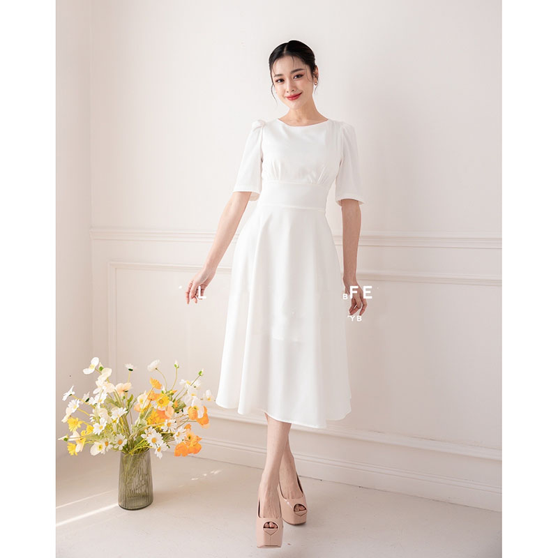 kudapy เดรสสั้นสีโอวัลติน/สีกรม/สีแดง/สีขาว กระโปรงบาน แขนสั้น ทรงรุ่นนี้ใส่แล้วสวยหวาน