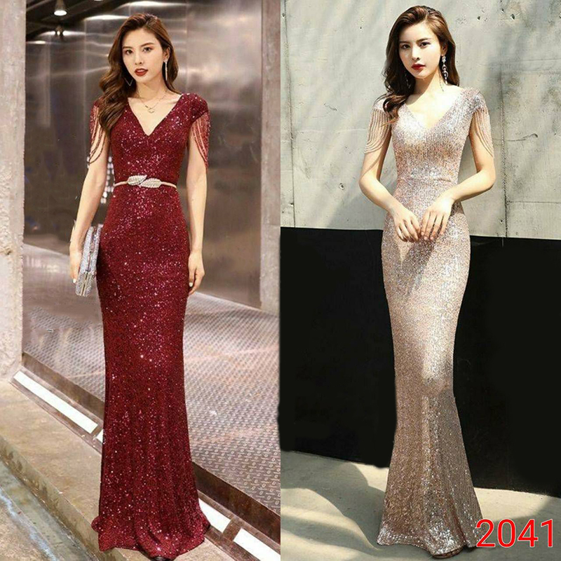 kudapy ชุดราตรียาวทรงหางปลา ผ้าปักเลื่อมสีแดง/สีครีมทอง แม๊กซี่ปักเลื่อม+เข็มขัด เลื่อมประกายแวววาวระยิบระยับสวยหรูดูแพง