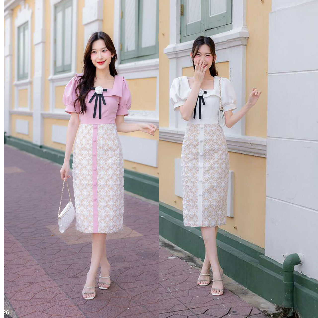 kudapy เดรสสั้นสีชมพู/สีขาว แขนตุ๊กตาแต่งโบว์อก