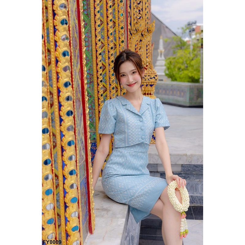 kudapy เดรสสั้นสีฟ้า/สีโอรส ผ้าทอแต่งปกเทเลอร์ ลายผ้าไทย ใส่ออกงาน ใส่ทำงานสวยดูดี
