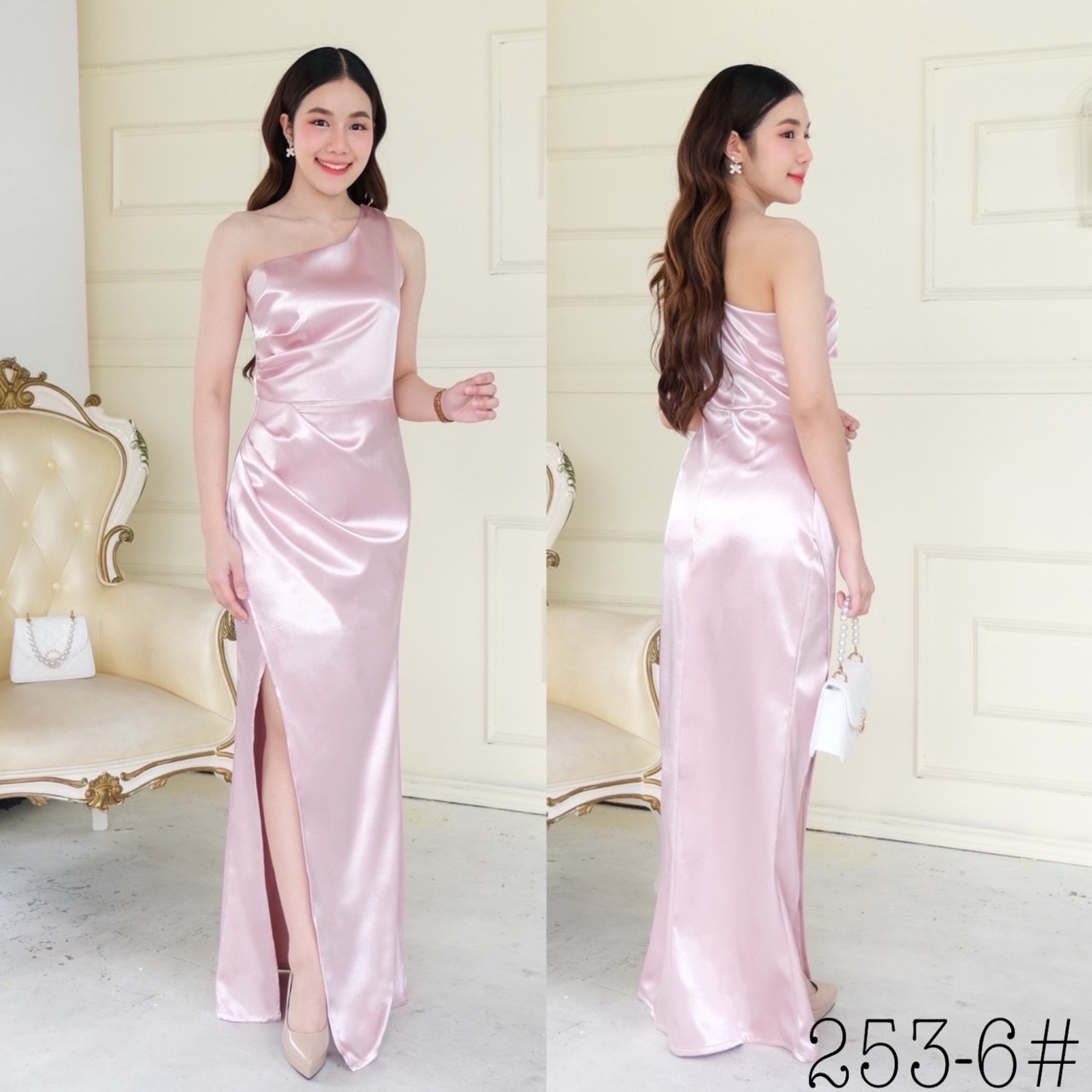 kudapy เดรสยาว บ่าเดี่ยวจับจีบช่วงเอว ผ่ากระโปรงสาบทบหน้า ผ่าข้างเดินโชว์ขา