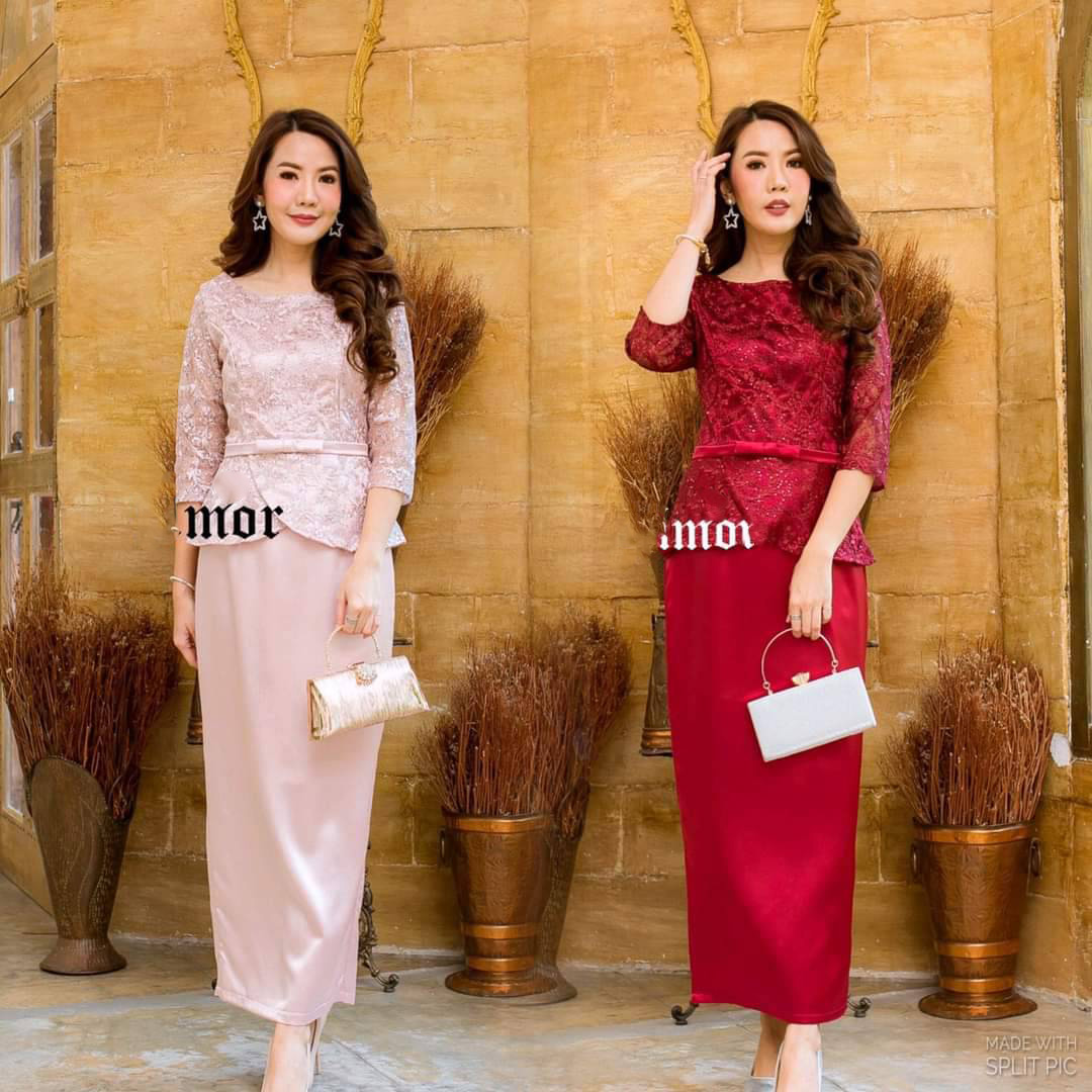 kudapy ชุดเซตใส่ออกงานสีชมพู /สีแดง เสื้อลูกไม้ใยบวบ ผ้าปักกริ้ตเตอร์ทั้งตัว แต่งโบว์ที่เอว เสื้อซิปหลัง กระโปรงเนื้อนุ่มซิปหลังค่ะ