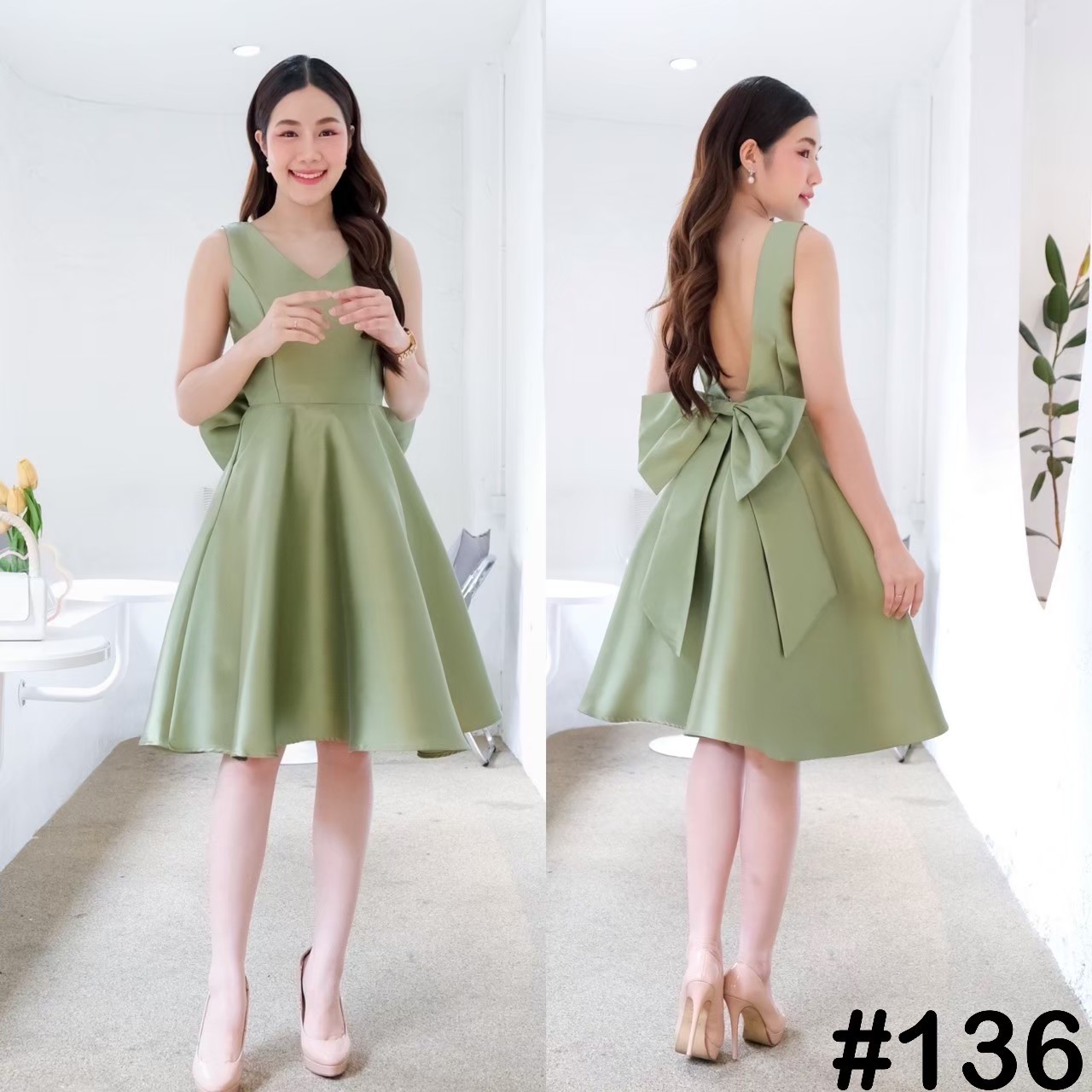 kudapy เดรสสั้น คอวี แต่งโบว์หลังยักษ์ ทรงกระโปรงฟรีสะโพก มาพร้อมกระเป๋าข้าง