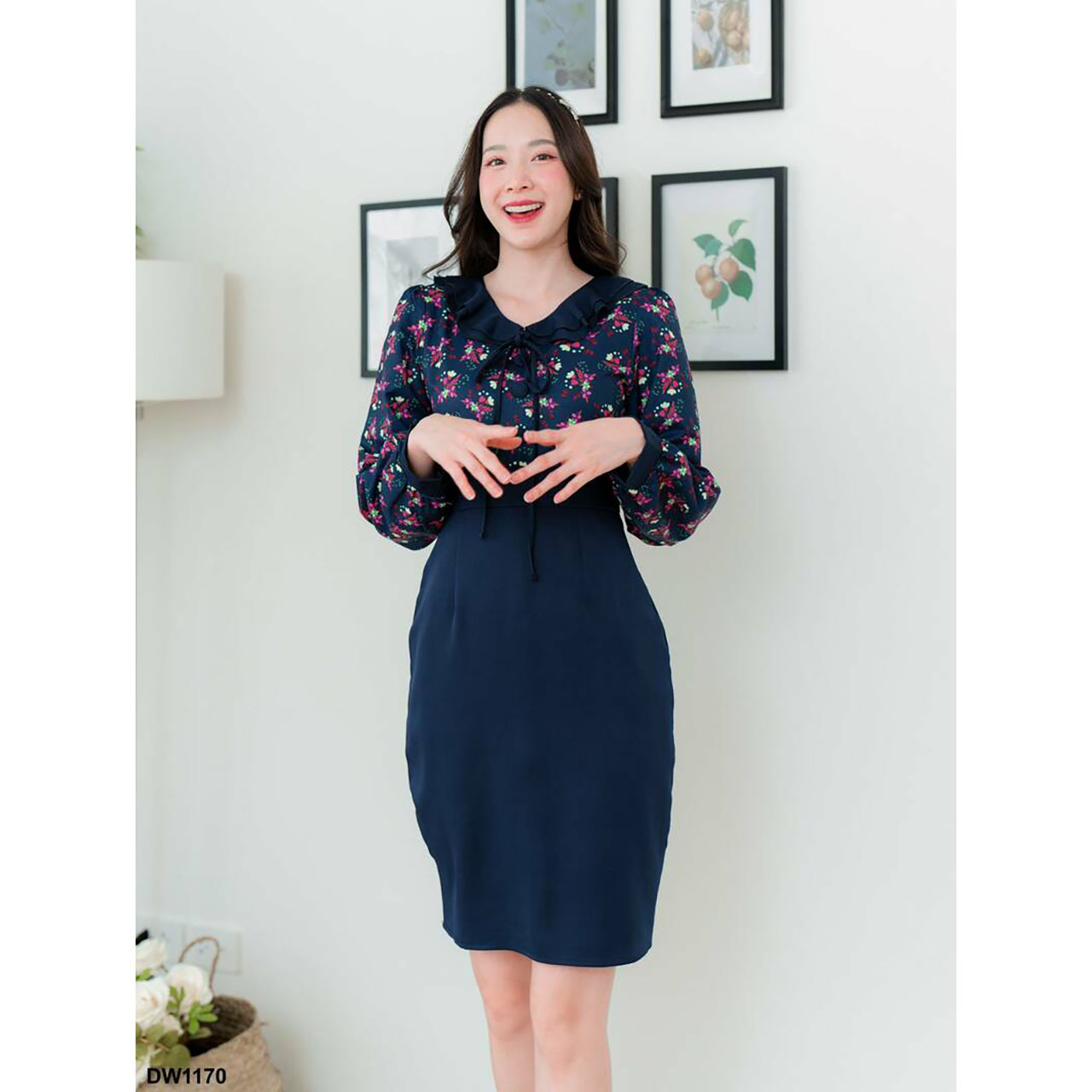 kudapy เดรสสั้นสีชมพู/สีกรม/สีม่วง แขนยาวลายดอก