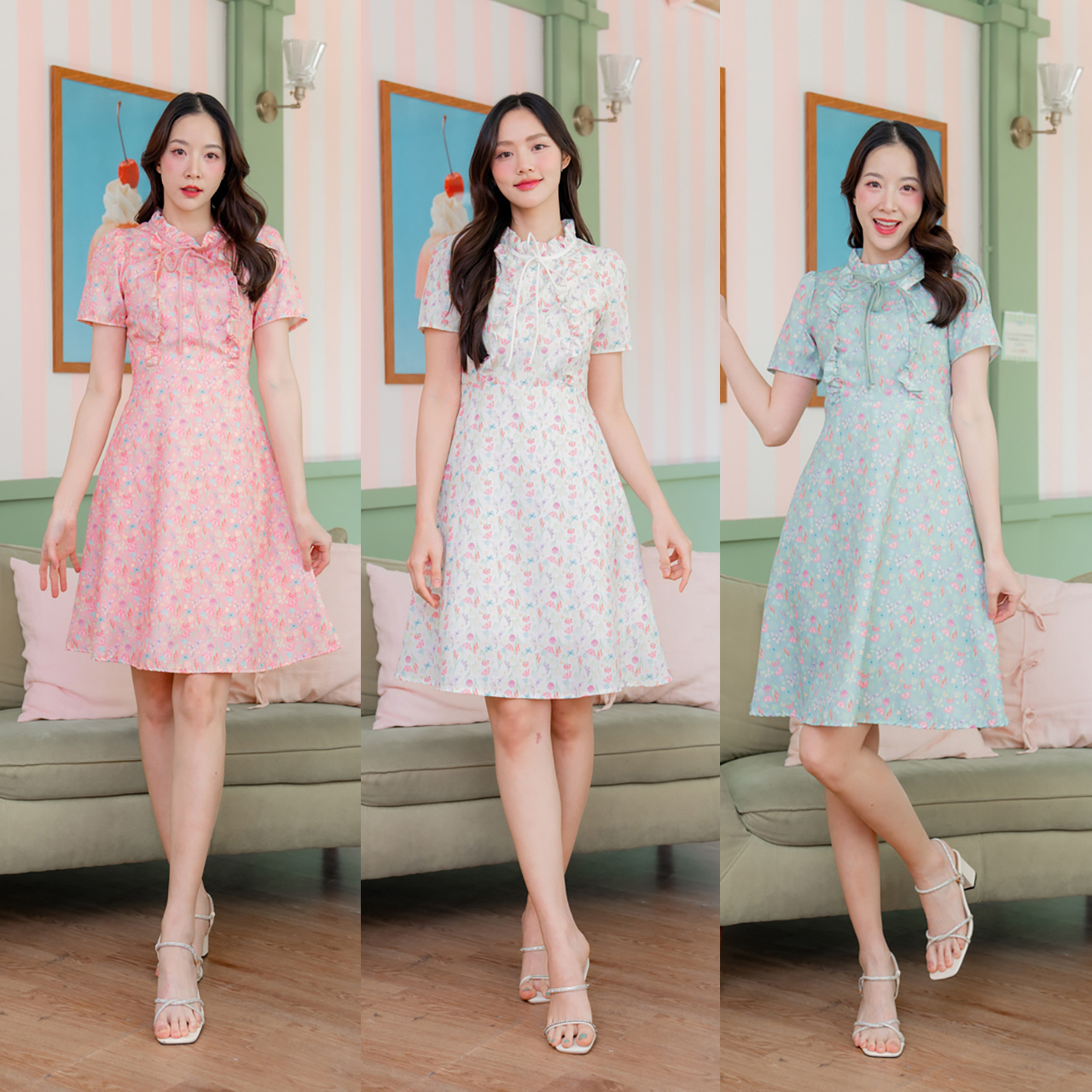 kudapy เดรสสั้นสีชมพู/สีขาว/สีเขียว ลายดอกผูกโบว์คอ