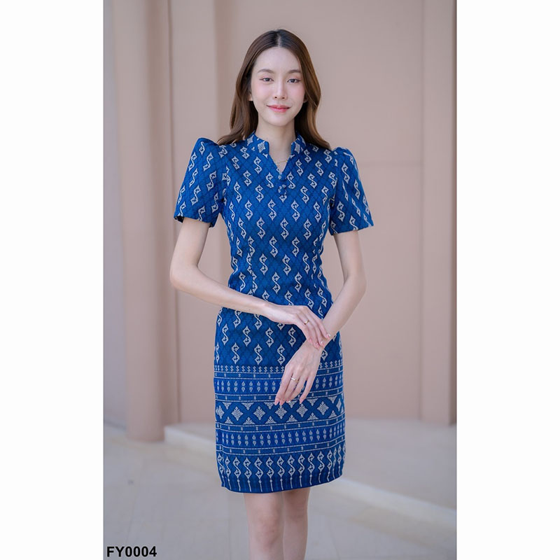 kudapy เดรสสั้นสีเทา/สีกรม/สีชมพู ผ้าไทยคอปีนลายขอ