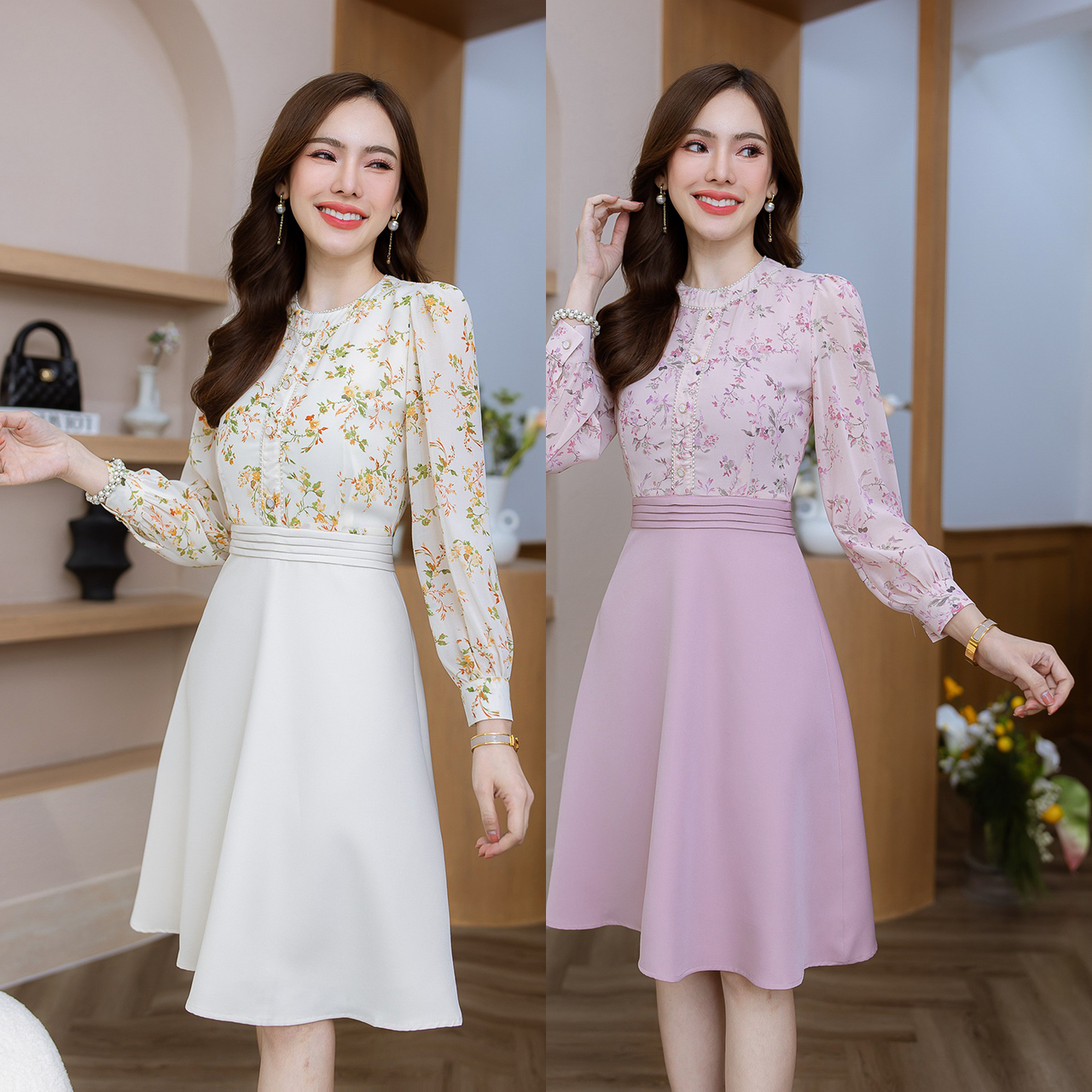 kudapy เดรสสั้นสีชมพู/สีครีม ผ้าชีฟอง ลายดอก กระโปรงพื้น มีดีเทลแต่งขอบมุกช่วงคอและอก แต่งกระดุม ช่วงเอวตีเกล็ดรอบขอบเอว