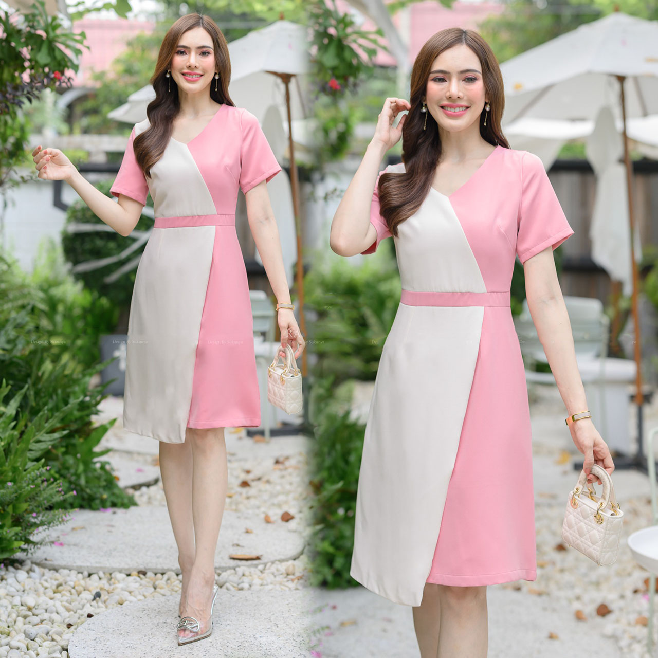 kudapy เดรสสั้นสีชมพู / ครีม / แดง ทรงเอผ้าโพลีเอสเตอร์งานทูโทน คอวีแขนสั้นงานมีซับในผ่าหลัง