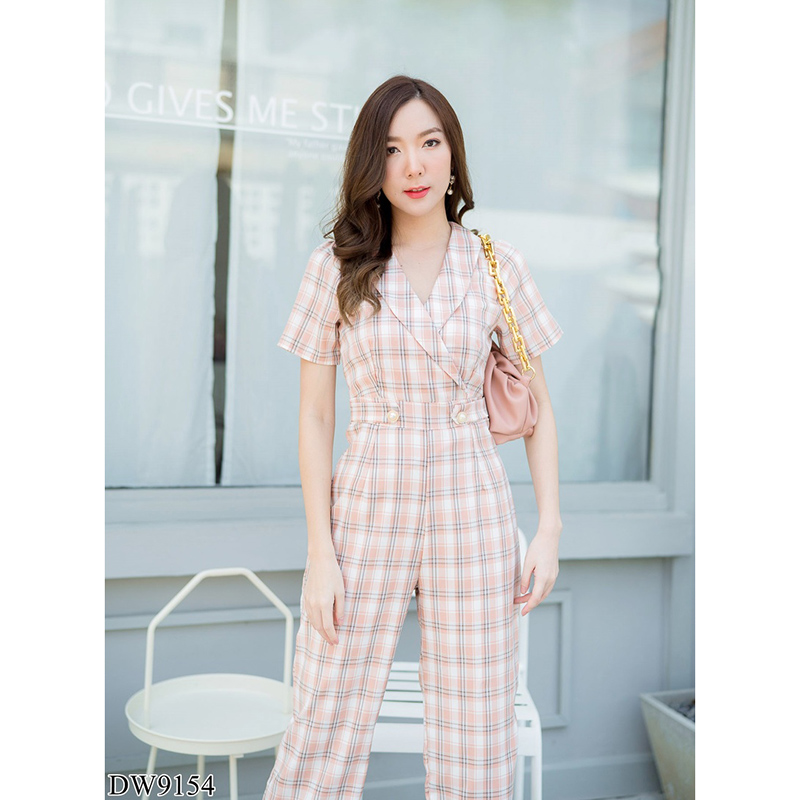 kudapy จั้มสูทขายาวคอวีสีกรม/สีชมพู/สีดำ ปกสูทขายาวลายสก๊อต