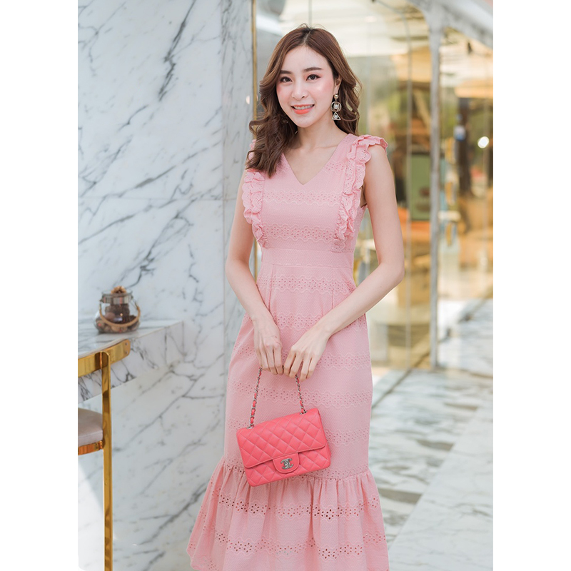 kudapy เดรสสั้นสีชมพู ผ้าฉลุอกระบายใส่งานปาร์ตี้สวยดูดี XL 2XL