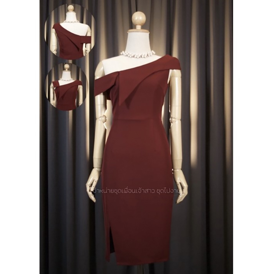 kudapy เดรสสั้นสีครีมนู้ด/สีเขียวอมเทา/แดงเบอรืกันดี้/กรมท่า/ชมพูเข้ม เดรสทรงสอบ ใส่ได้ 2 แบบ พับบ่าดีไซส์อกแหลม