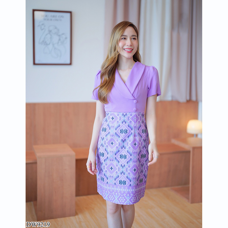 kudapy เดรสสั้นสีเหลือง/สีม่วง/สีกรม ปกสูทลายไทยสวยดูดีน่ารัก