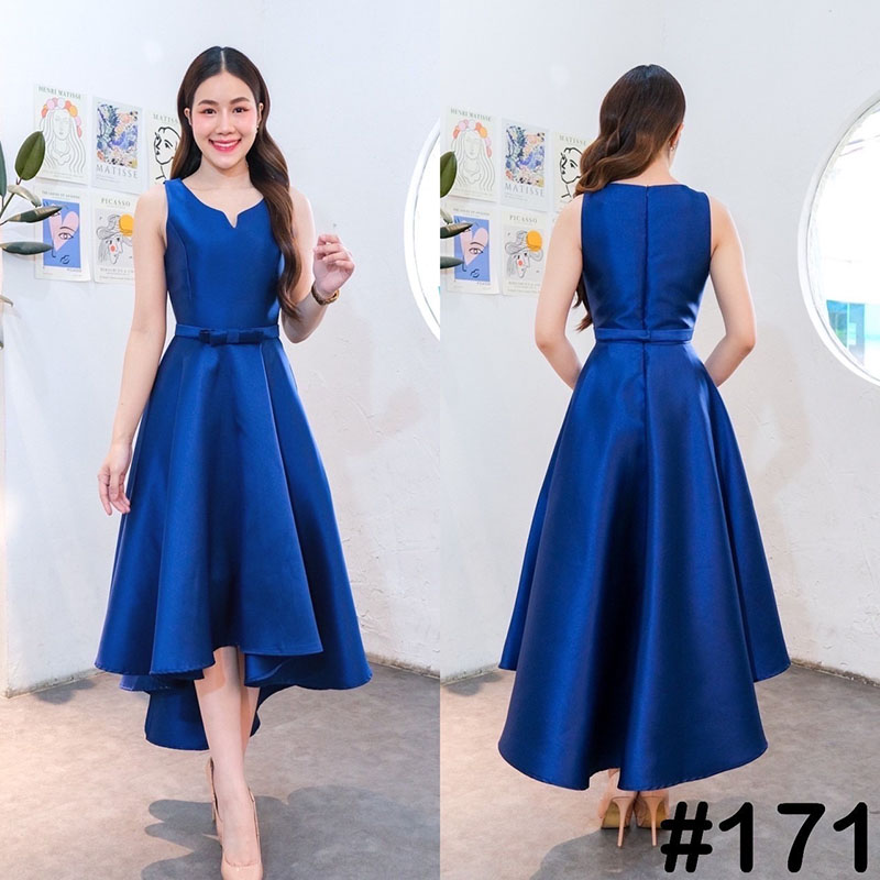 kudapy เดรสกระโปรงทรงหน้าสั้นหลังยาวสีเขียวอมเทา/สีกรม/สีฟ้า อกหัวใจ คอระหงษ์ มาพร้อมเข็มขัดถอดได้