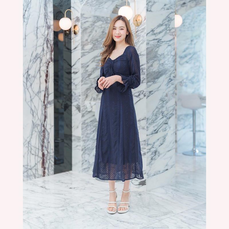 kudapy เดรสยาวสีกรม/สีขาว/สีชมพู แขนยาวลูกไม้ซีทรู สวยดูดีใส่สบายตัว