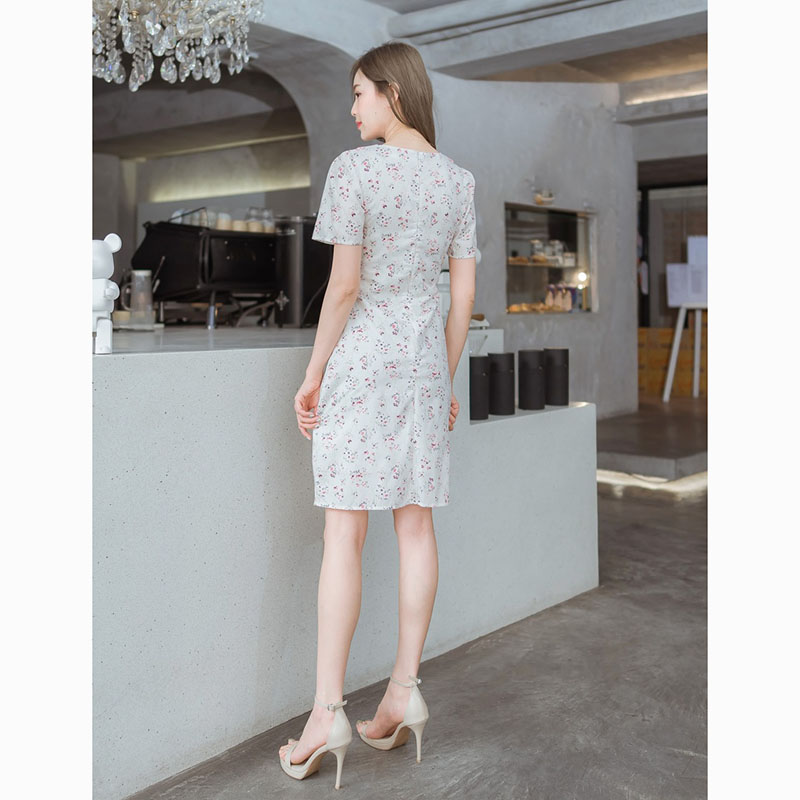 kudapy เดรสสั้นสีชมพู/สีฟ้า/สีน้ำตาล ลายดอกปกคอบัว ใส่เที่ยว ออกงานสวย ใส่สบายตัวมากๆ