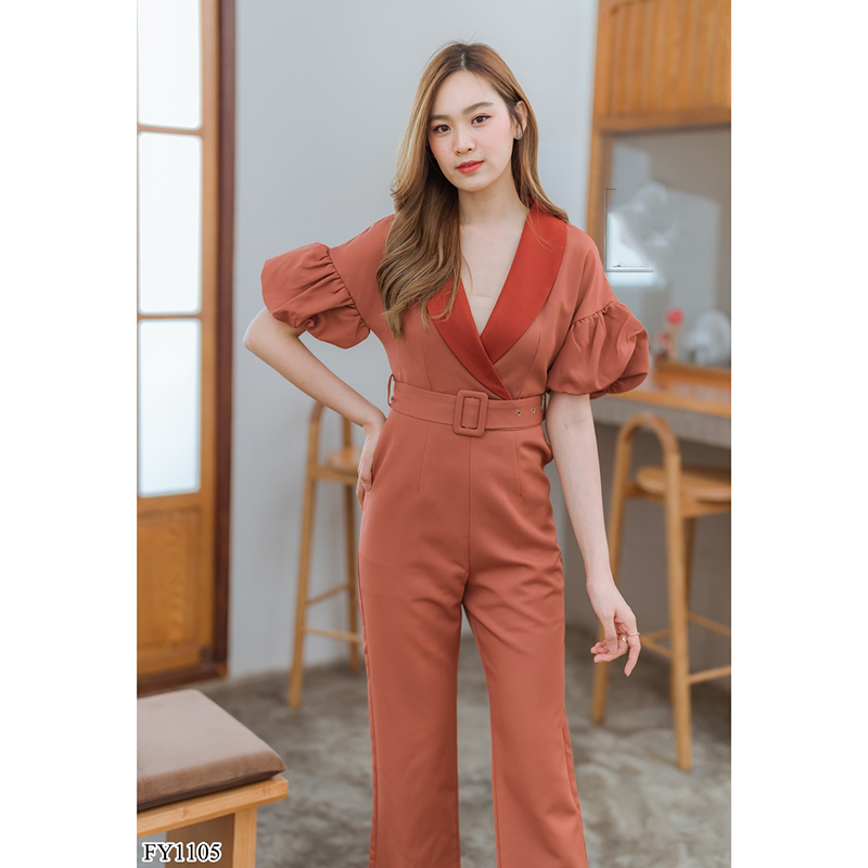 kudapy จั้มสูทขายาวสีชมพู/สีน้ำตาล คอปกแขนตุ๊กตากางเกงขายาวบาน