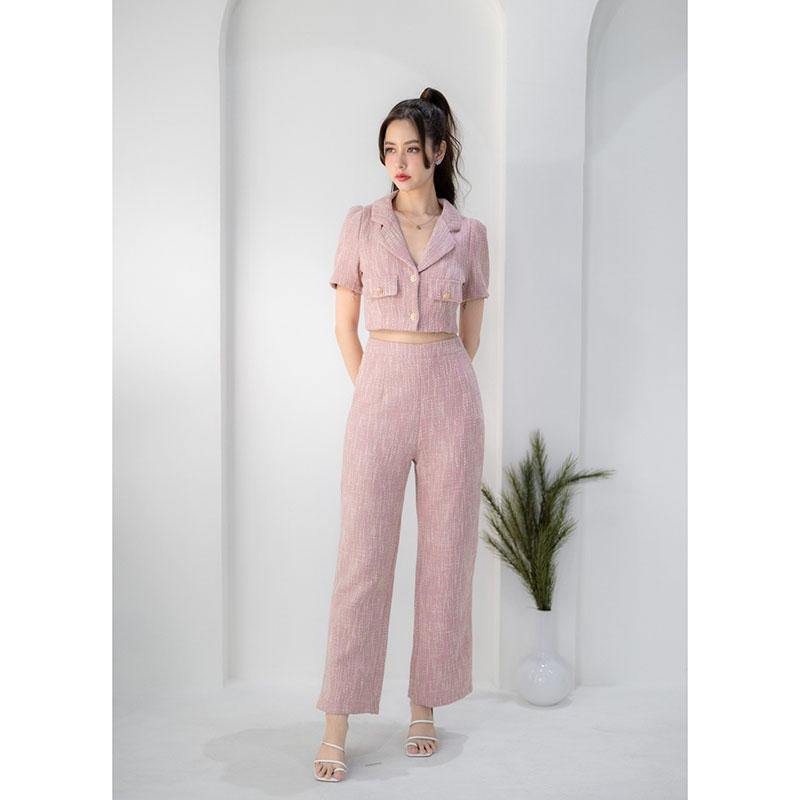 kudapy เซ็ทผ้าทวิตเสื้อปกสูท+กางเกงขายาวสีชมพู/สีดำ