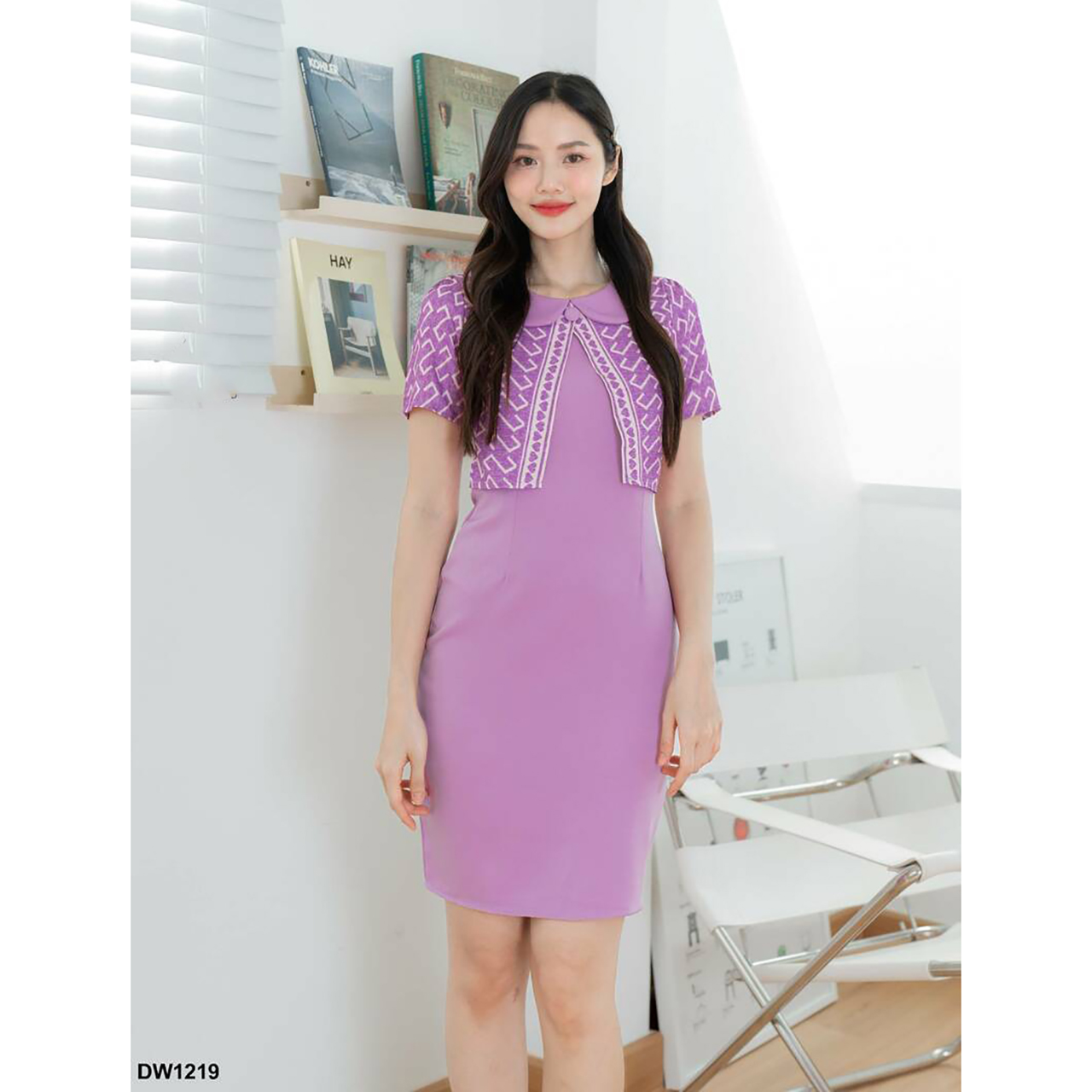 kudapy เดรสสั้นสีเหลือง/สีม่วง ผ้าพื้นคอบัวแต่งกั๊ก