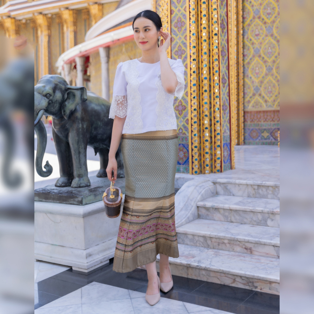 kudapy ชุดผ้าไหมชุดออกงานสีขาว ไปวัด ทำบุญ ทรงหางปลา