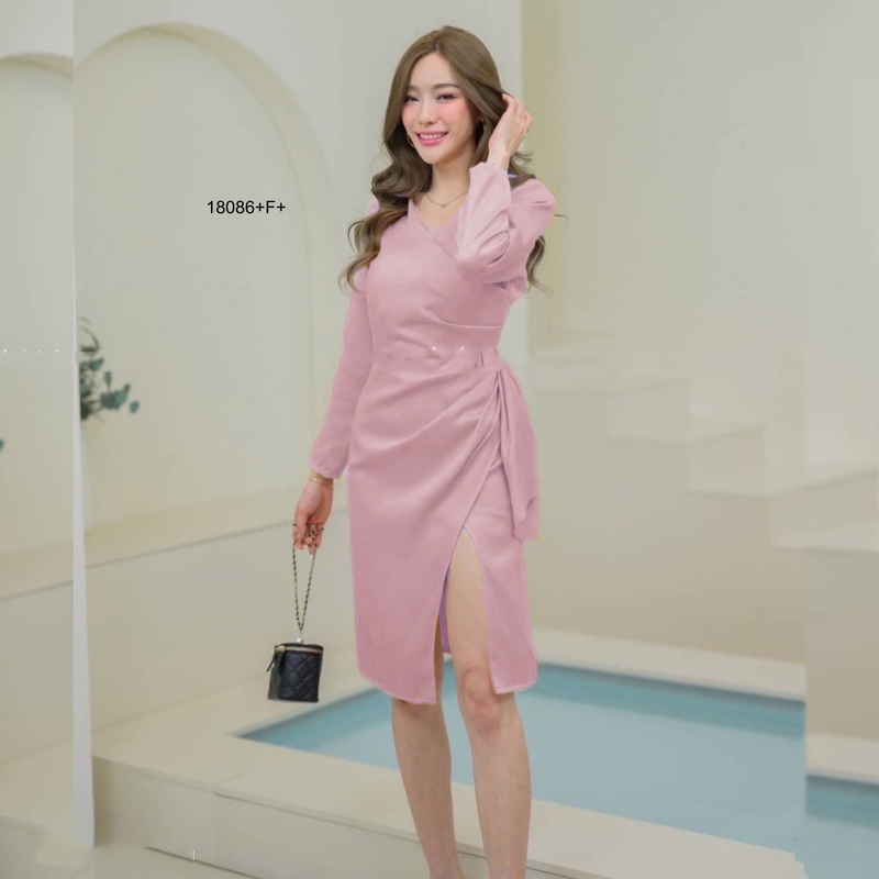 kudapy เดรสแขนยาวสีพื้น แต่งจีบ ผ่าหน้า ชุดออกงาน ชุดเพื่อนเจ้าสาว เดรสงานแต่ง ใส่ไปเที่ยวสวยดูดี