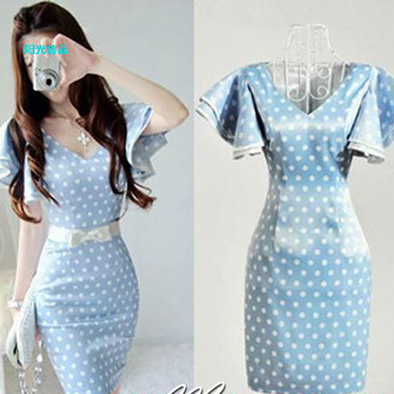 kudapy เดรสสั้นสีฟ้า-ขาว แซก ลายจุด Polka dot แขนย้วย ผ้ามันนิดๆ