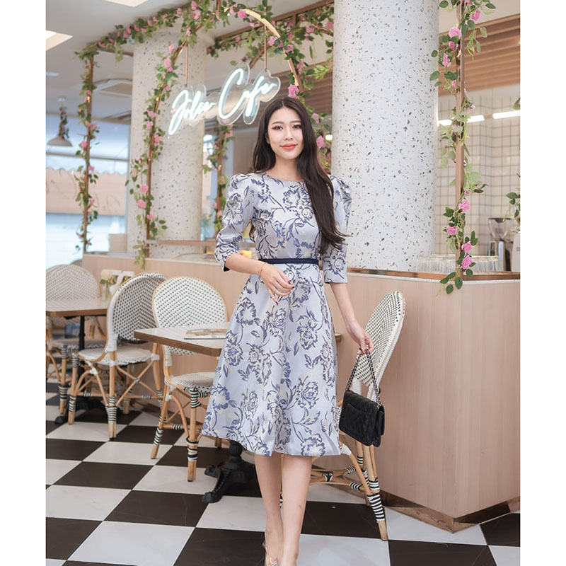 kudapy เดรสสั้นสีเทา กระโปรงบาน ทรงสวย มีเข็มขัดในตัว เดรสใส่ออกงาน ทำงาน