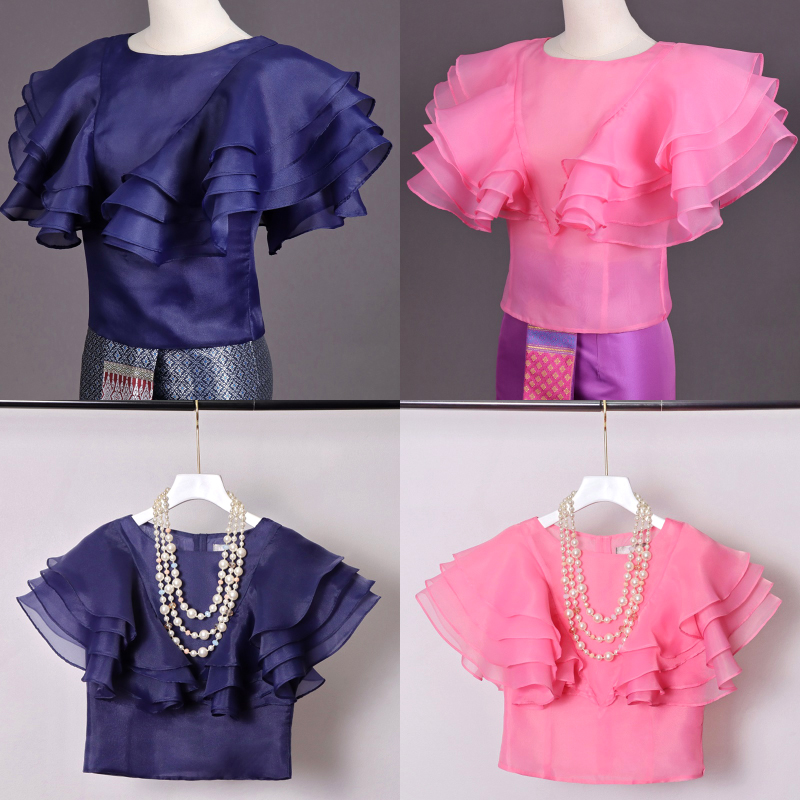 kudapykudapy เสื้อไปงาน ผ้าแก้วคอปาดแคบสีชมพูเข้ม/สีน้ำเงินกรมท่า แต่งระบายช่วงแขนเป็นทรงหน้าอก V Shape ระบาย 4 ชั้นสวยหรูมากๆค่ะรุ่นนี้ ขายดีสุดๆ