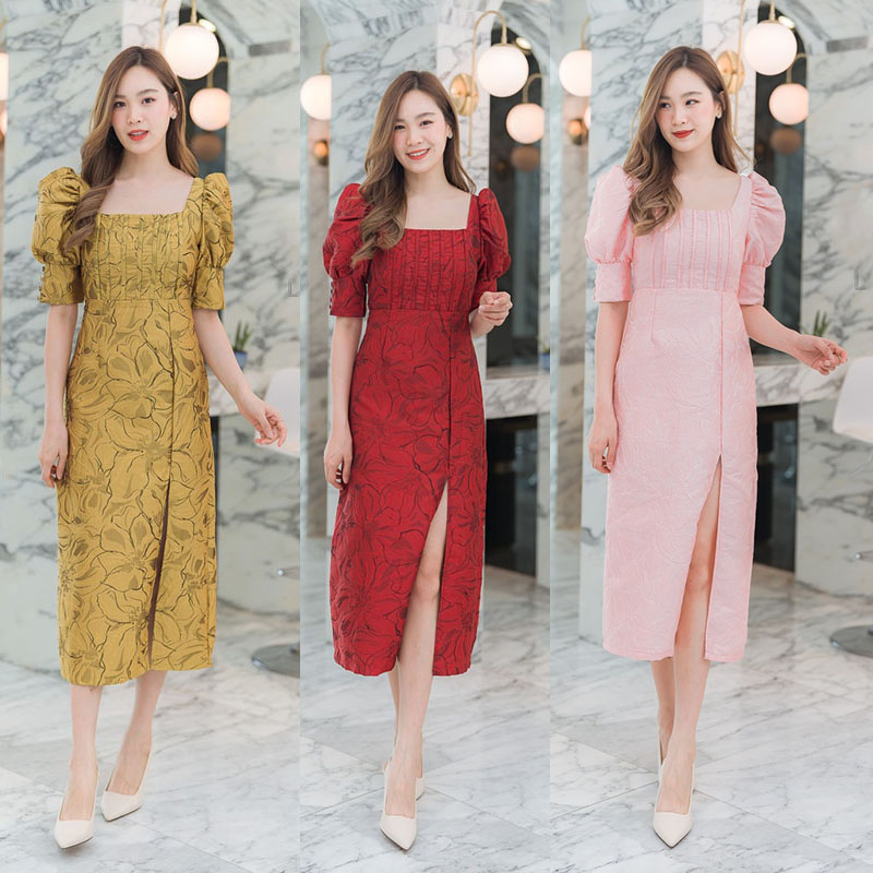 kudapy เดรสยาวสีชมพู/สีแดง/สีเหลือง ผ่าหน้าแขนตุ๊กตา สวยดูดีใส่สบาย