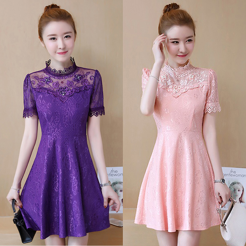 kudapy เดรสสั้นลูกไม้คอปีนสีม่วง/สีส้มโอรส เดรสลูกไม้เนื้อนิ่มใส่สบาย มีซับใน ซิบหลัง แขนสั้น