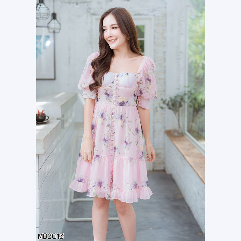 kudapy เดรสสั้นสีชมพู/สีขาว ลายดอกแขนบาร์บี้สวยน่ารักดูดี