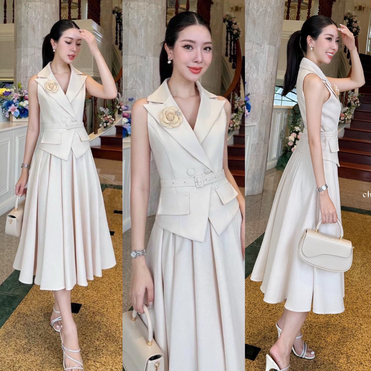 kudapy เซ็ทเสื้อแขนกุดทรงเข้ารูปมาพร้อมกับกระโปรงทรงยาว วเสื้อเก็บทรงเข้ารูปสวย กระดุมปั้มติดได้จริง2เม็ด แต่งกระเป๋าหลอกซ้ายขวา