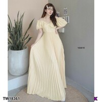 kudapy เดรสยาวแขนพอง สายผูกคอ กระโปรงอัดพลีท เดรสไปทะเลพริ้วๆ