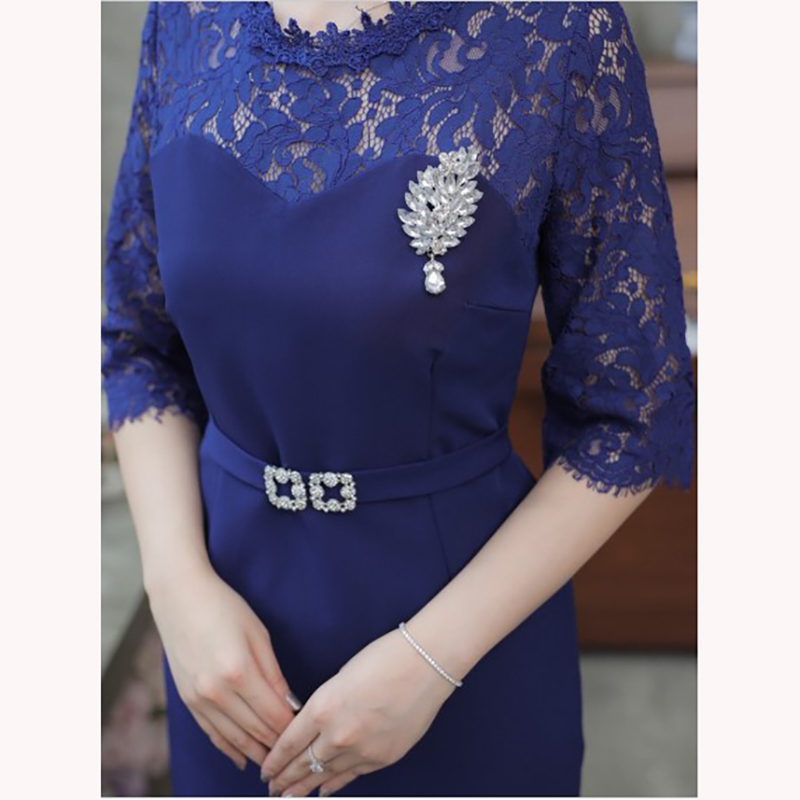 kudapy เดรสสั้นผ้าลูกไม้สีฟ้าอมเทา/ชมพูกะปิ/น้ำเงินเข้ม แขนสามส่วน ไหล่และแขนเย็บแต่งลูกไม้