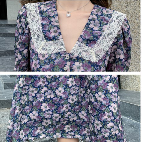 kudapy เดรสสั้นไปทะเล สีม่วงลายดอก คอวีแต่งปก แขนสั้น กระดุมหน้าเก็บเอวเข้ารูปทรงสวยมากค่ะ งานใส่พริ้วสบายค่ะ