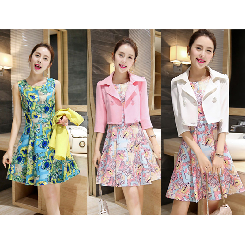 kudapy ชุดเซ็ทเสื้อสูทและเดรส สีชมพู,สีขาว,สีเขียว เสื้อสูท:ผ้าคอตตอนผสมโพลีเอสเตอร์ คอปก แขนยาวสี่ส่วน