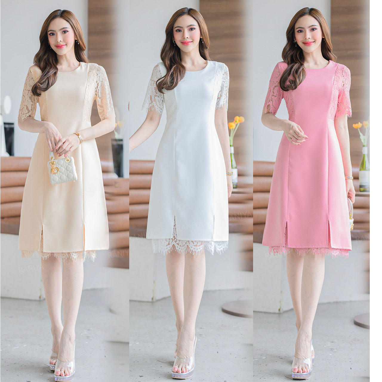 kudapy เดรสสั้นสีชมพู/สีขาว/สีครีม ผ้าโพลีเอสเตอร์ ทรงเอ แต่งแขนลูกไม้ฝรั่งเศษ ด้านหน้าตีเกรดเข้าทรงสวย กระโปรงผ่าหน้า