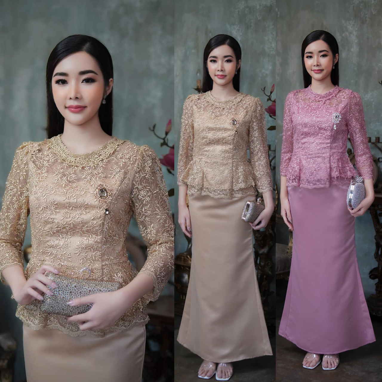 kudapy ชุดเซ็ทชมพูกลีบบัว / น้ำตาลทอง ลูกไม้ใยบวบ แขนยาว มีซิปหลัง ซับในทั้งเสื้อและกระโปรง