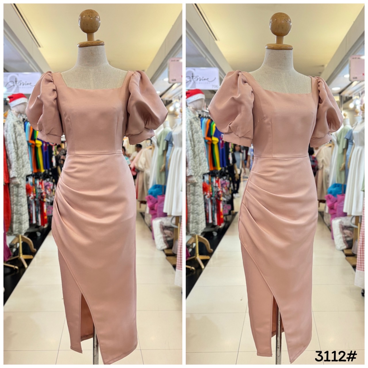 kudapy เดรสขอเหลี่ยม แขนพอง ตุ๊กตา จับจีบเอว-สะโพก กระโปรงทรงสอบ เก็บทรง ดีเทลกระโปรงป้ายผ่าข้าง