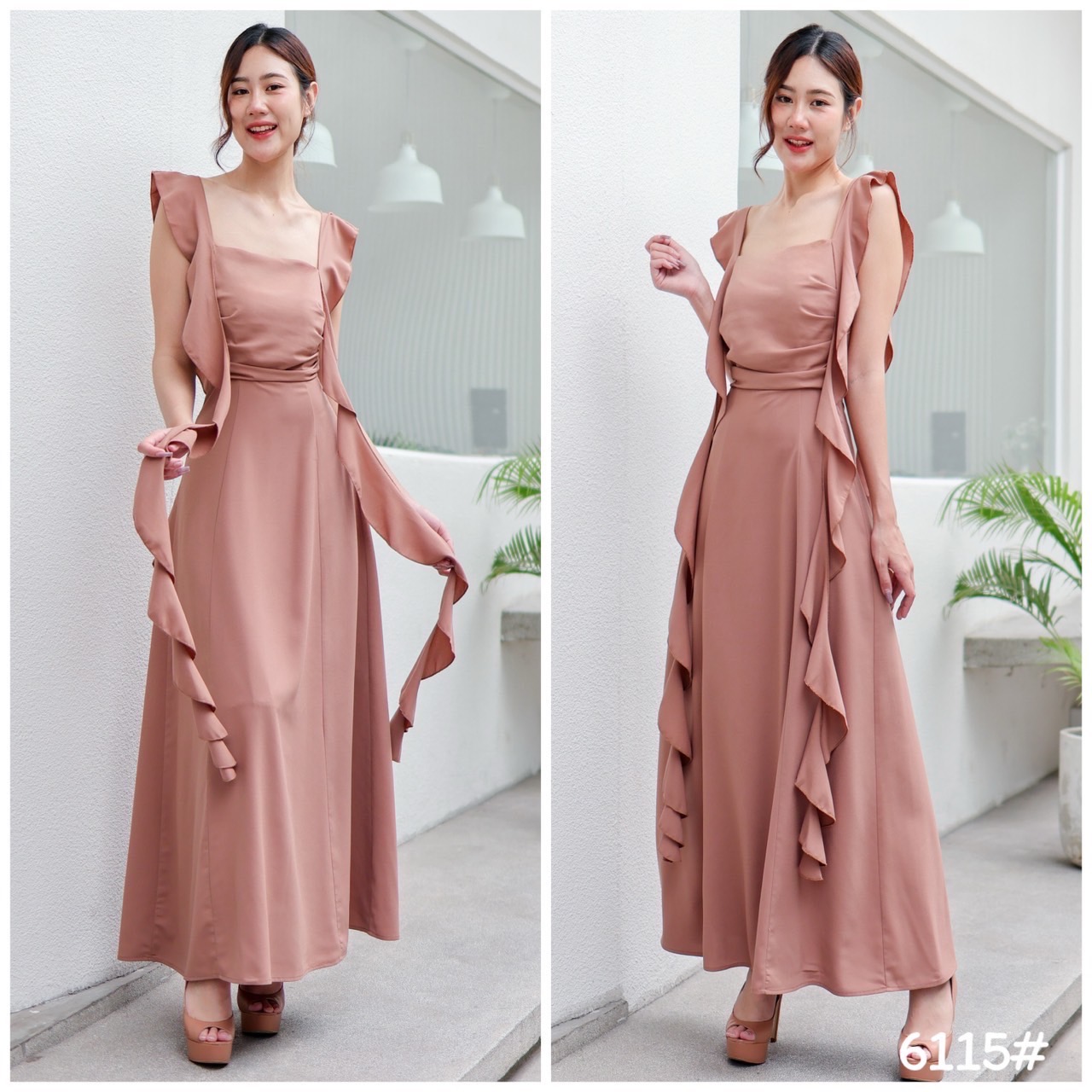 kudapy เดรสยาวสายเดี่ยว ระบายริ้บบิ้นเกลียว เข้ารูปเอวสับ กระโปรงบานสวย เนื้อผ้าชีฟองหนา มีซับในทั้งตัว