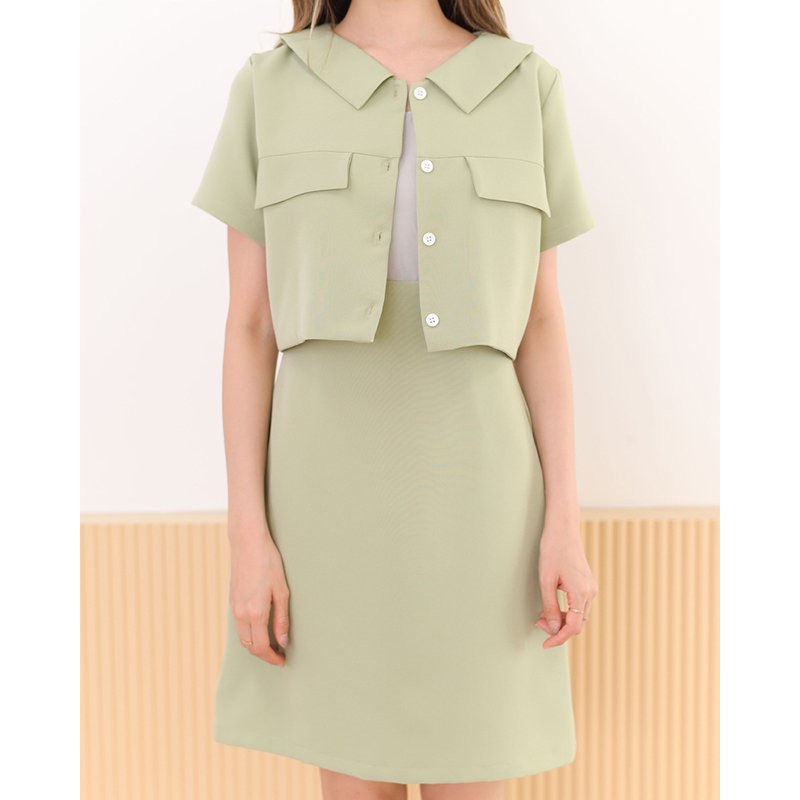 kudapy kudapy เดรสสั้นสีมัทฉะ/สีดำ/สีโอรส คอปก กระดุมอกแกะได้จริง สวยปัง