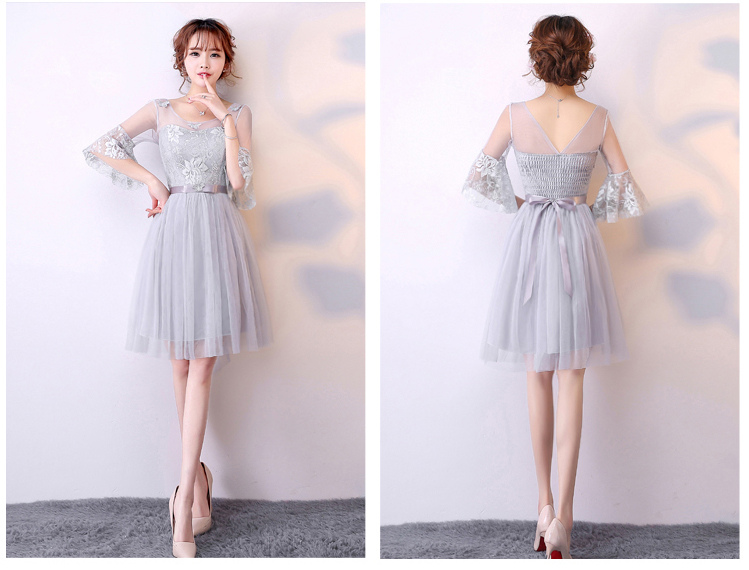 kudapy ชุดราตรีสั้นไปงานแต่งงาน สีเทา/สีครีมเบจ แขนยาวสามส่วน ผ้าลูกไม้ประดับลวดลาย ปลายแขนแต่งระบายสวยงาม เอวสม็อคหลังยืดได้ตามตัว