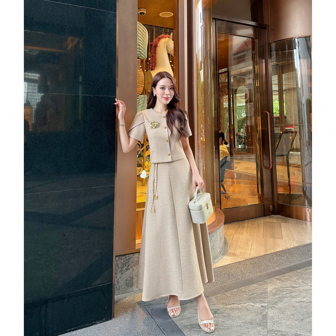 kudapy เซ็ทเสื้อแขนตุ้กตา เสื้อ กระโปรงเอวสูง เข็มกลัดดอกไม้ เข็มขัดโซ่