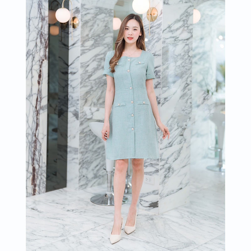 kudapy เดรสสั้นคอลึกสีน้ำตาล/สีชมพู/สีเขียว ทำงานทรงเอคอเหลี่ยมมีกระดุมกลางอก