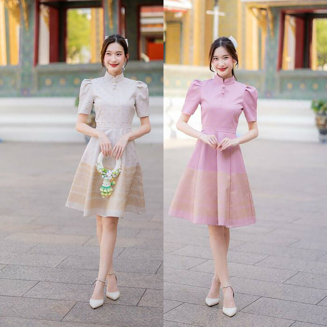 kudapy เดรสสั้นสีชมพู/สีขาว ผ้าลายไทยโบว์ไหล่เข้ารูปยาว ใส่ออกงานสวยดูดี