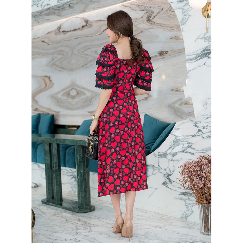 kudapy เดรสยาวสีขาว/สีดำ แขนระบายชั้น ใส่สบายสวยดูดีน่ารัก