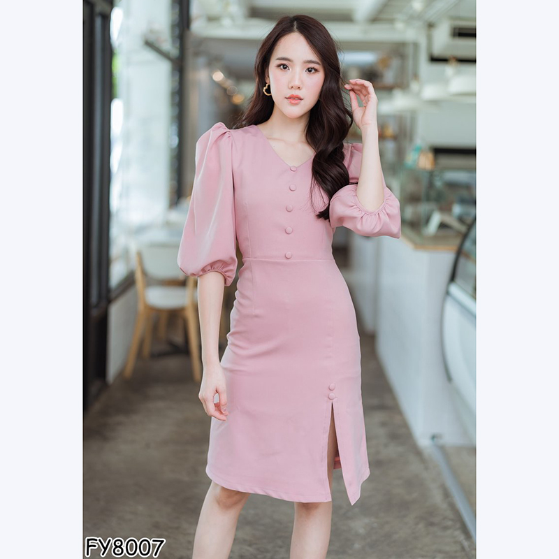 kudapy เดรสสั้นสีแดง,ชมพู แขนจั๊มคอวีกระดุมกลางดูดีสวย