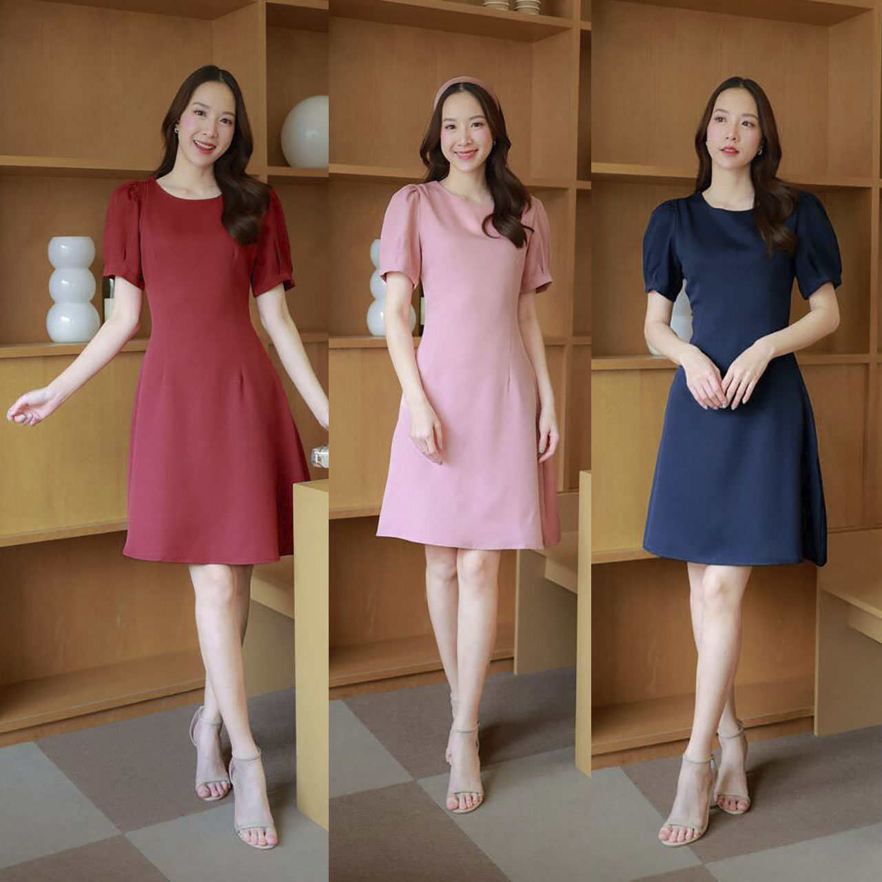 kudapy เดรสสั้นสีแดง/สีกรม/สีชมพู แขนตุ๊กตาคอกลม ผ้าใส่สบาย