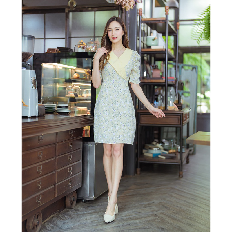 kudapy เดรสสั้นสีชมพู/สีดำ/สีเเหลือง เดรสทำงานทรงสูทลายดอก