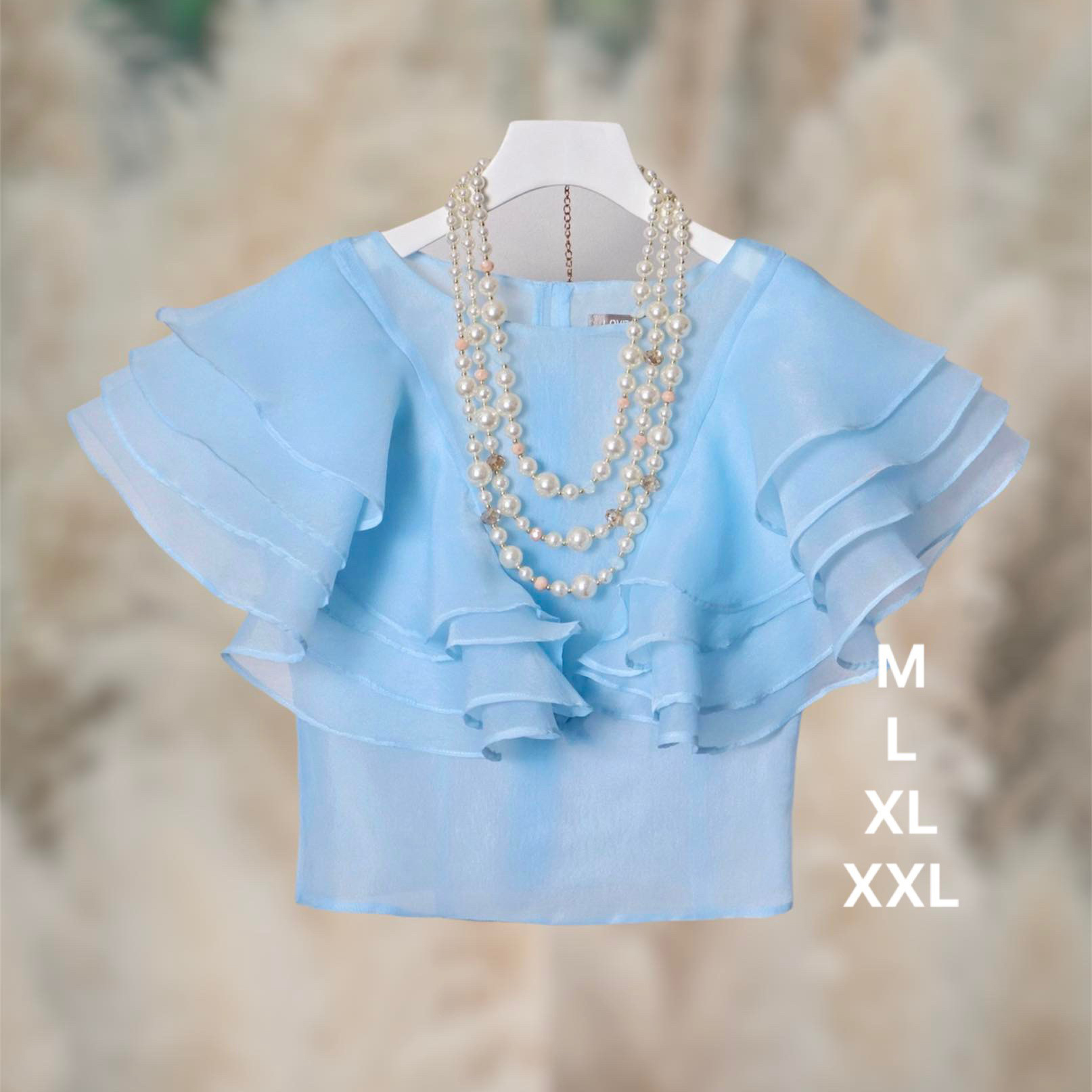 kudapy เซตเสื้อผ้าแก้วระบายชั้น+ผ้าถุงทอลายสีฟ้าตามแบบ สามารถสั่งยกชุด หรือสั่งแยกชิ้นได้ค่ะ